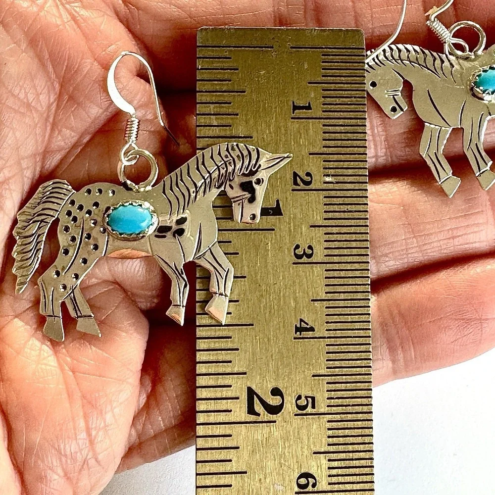 Running Horse Turquoise Navajo‎ Earrings 1.5in Sterling Signed L Yazzie Handmade